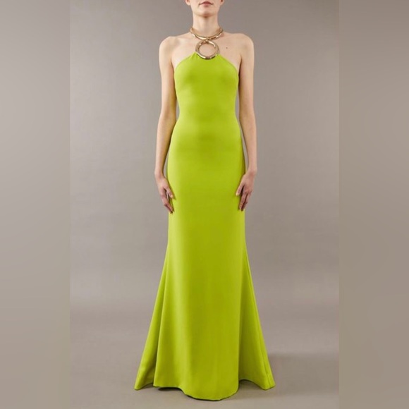 Elie Saab Tubular Choker Halter Crepe Gown Lime Green Color - Picture 6 of 16